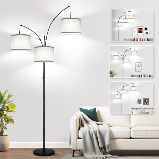 Dimmable Floor Lamp, 3 Lights Arc Floor Lamps for Living Room, Modern Tall Standing Tree Lamp with Gray Linen Shade & Heavy Base, Large Floor Lamp for Bedroom Office, 3x1000 LM LED Bulbs Included