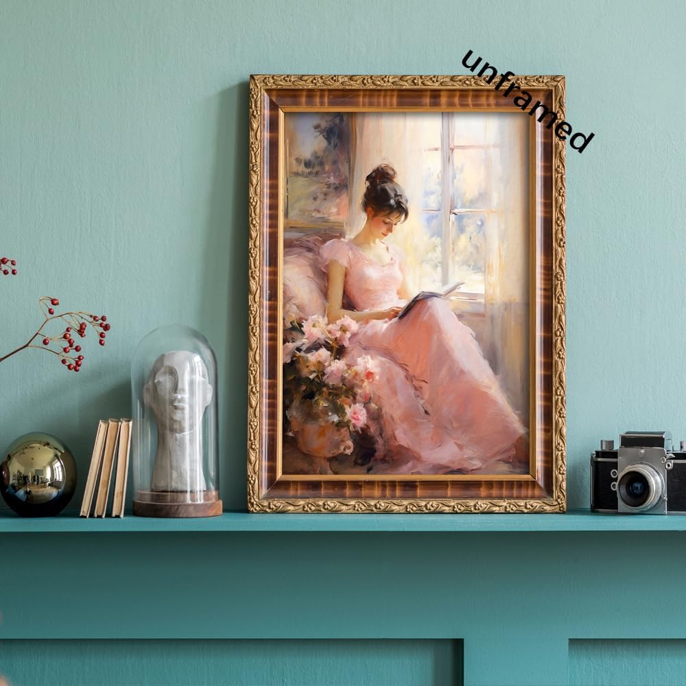 Huabsad Vintage Portrait Oil Painting Wall Art Retro Pink Girl Reading A Book Posters Famous Antique Female Canvas Pictures Prints Wall Decor Aesthetic for Bedroom Gallery Dorm 12x16in Unframed