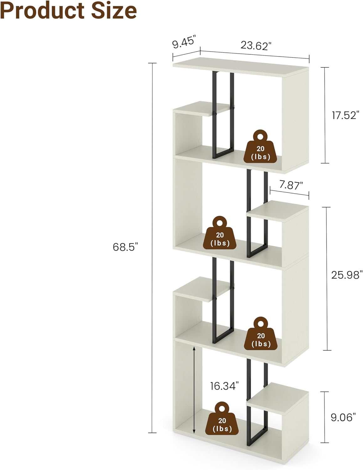 Manora 4 Tier Geometric Bookcase, S Shaped Bookshelf, Modern White Bookcase with Tall Display Shelves, Decorative Storage Shelf for Living Room and Bedroom