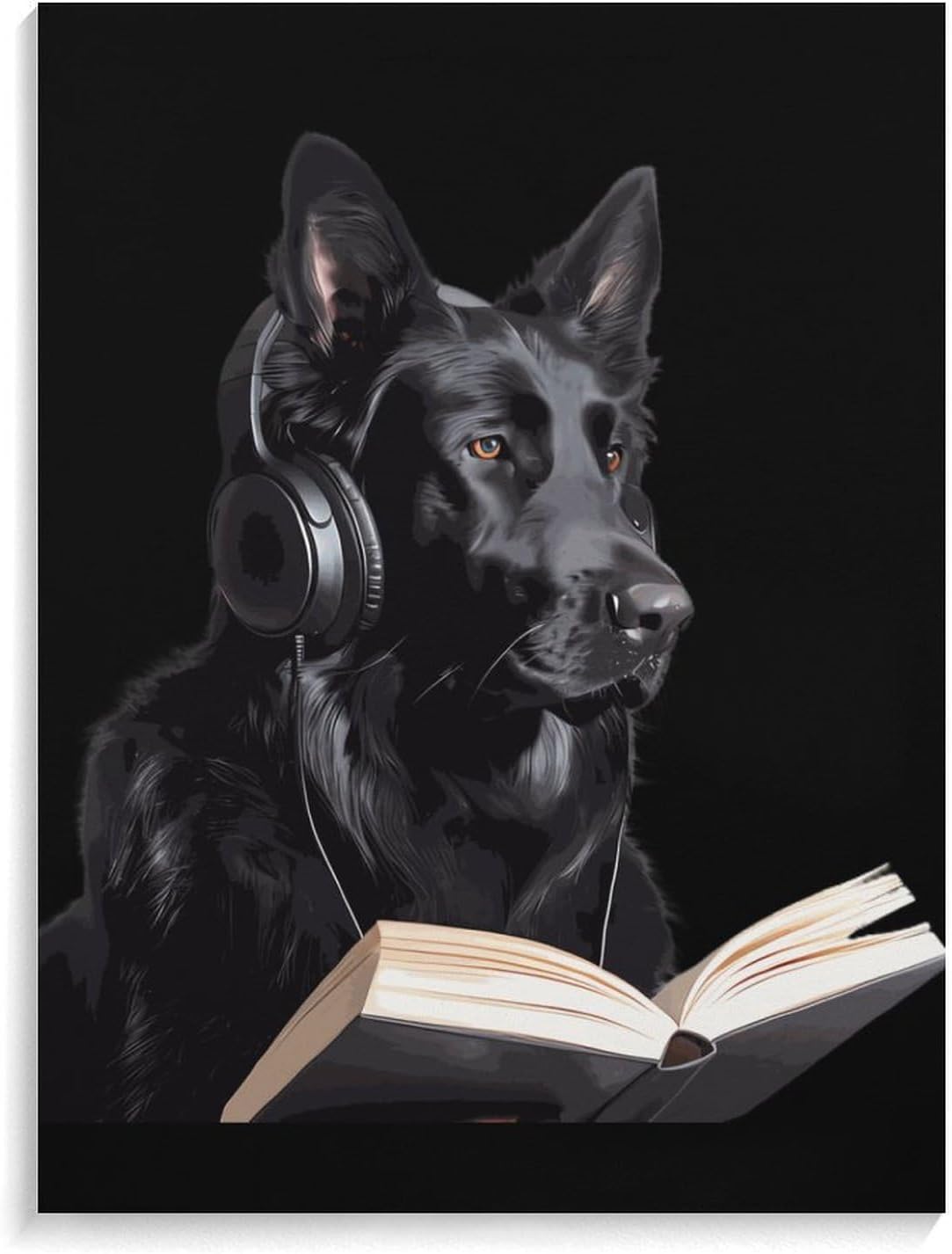 German Shepherd Wearing Headphones Reading Funny Canvas Poster Vertical Wall Art Artwork Picture Hanging Prints Painting Decoration for Living Room Home