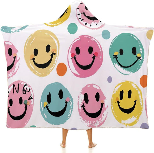 Color Smiley Face Wearable Blanket Hoodie Oversized Fleece Blanket Loungewear Cape Wrap for Adults Teens