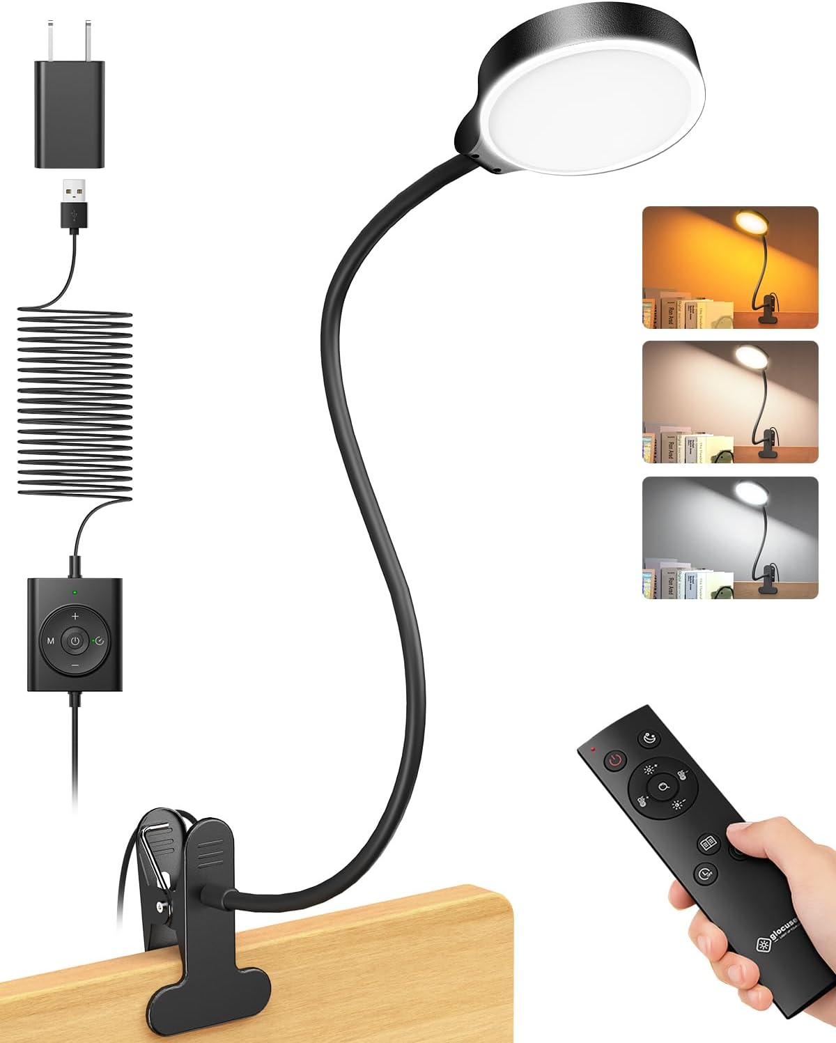 Glocusent 5W Reading Light for Bed, 36 LED Eye Caring Bed Lamp, 3 Colors & 5 Brightness Levels for Headboard with Adapter, Perfect Clip on Light for Reading, Working & Studying (Black with Remote)