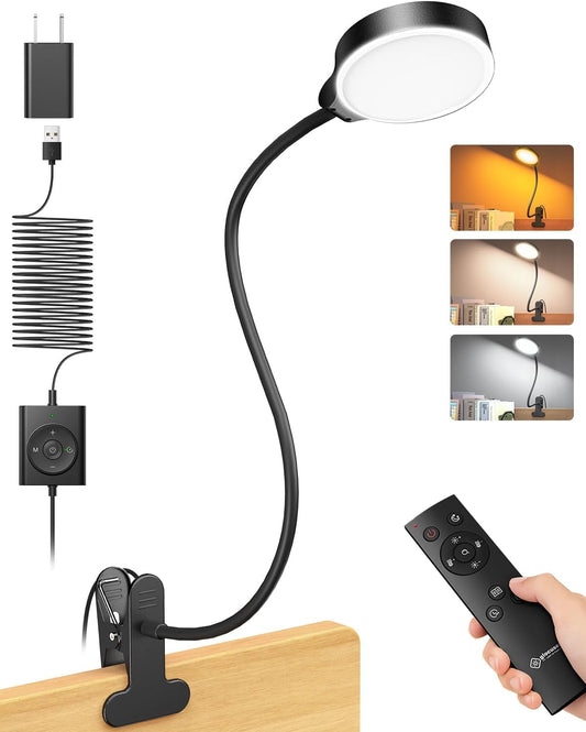 Glocusent 5W Reading Light for Bed, 36 LED Eye Caring Bed Lamp, 3 Colors & 5 Brightness Levels for Headboard with Adapter, Perfect Clip on Light for Reading, Working & Studying (Black with Remote)