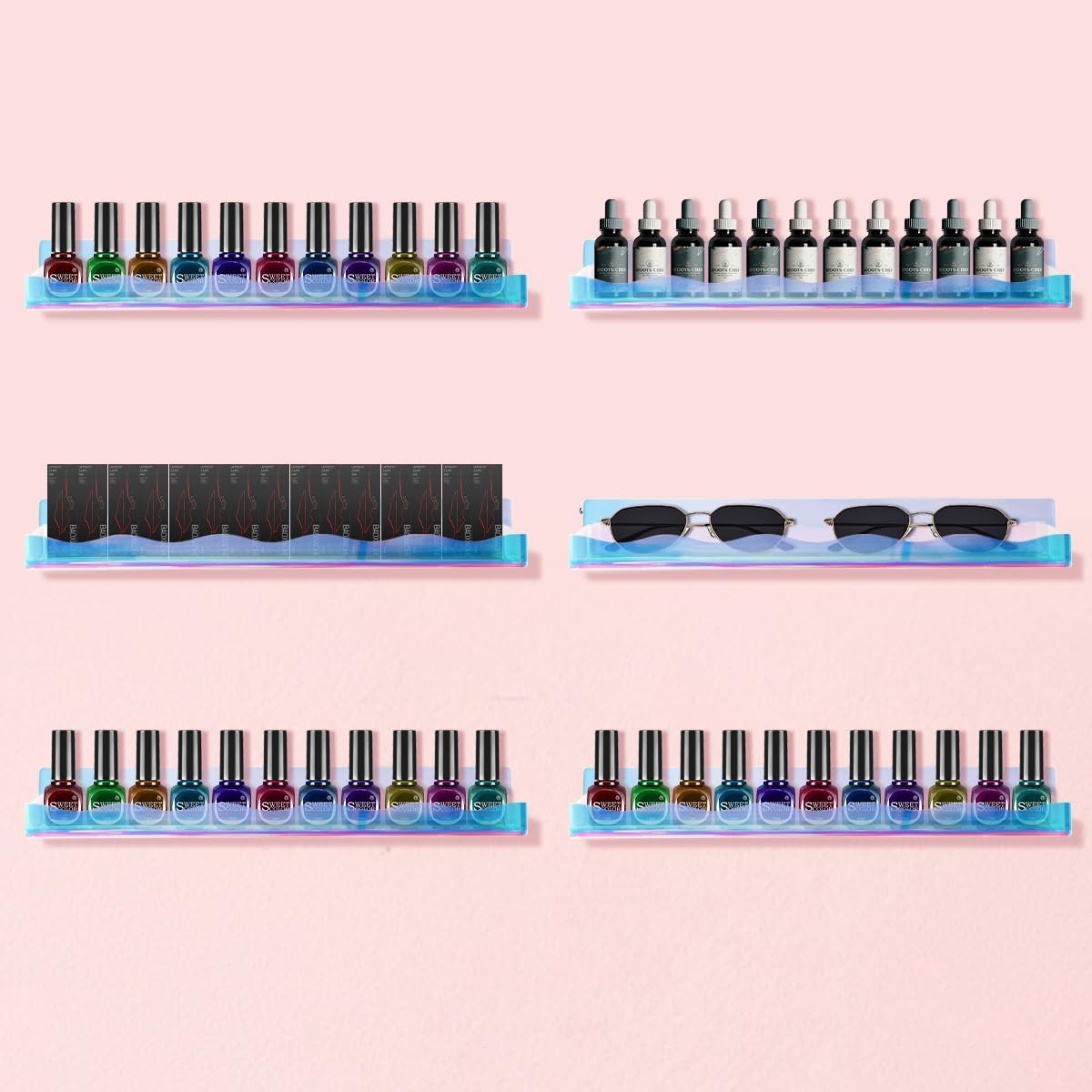 15" Nail Polish Rack Wall Mounted Floating Shelves Acrylic Paints Gel Polish Organizer and Storage with End Caps for Kid Room, Books, Nail Techs, Art Lovers, Great Display Salons, Rainbow