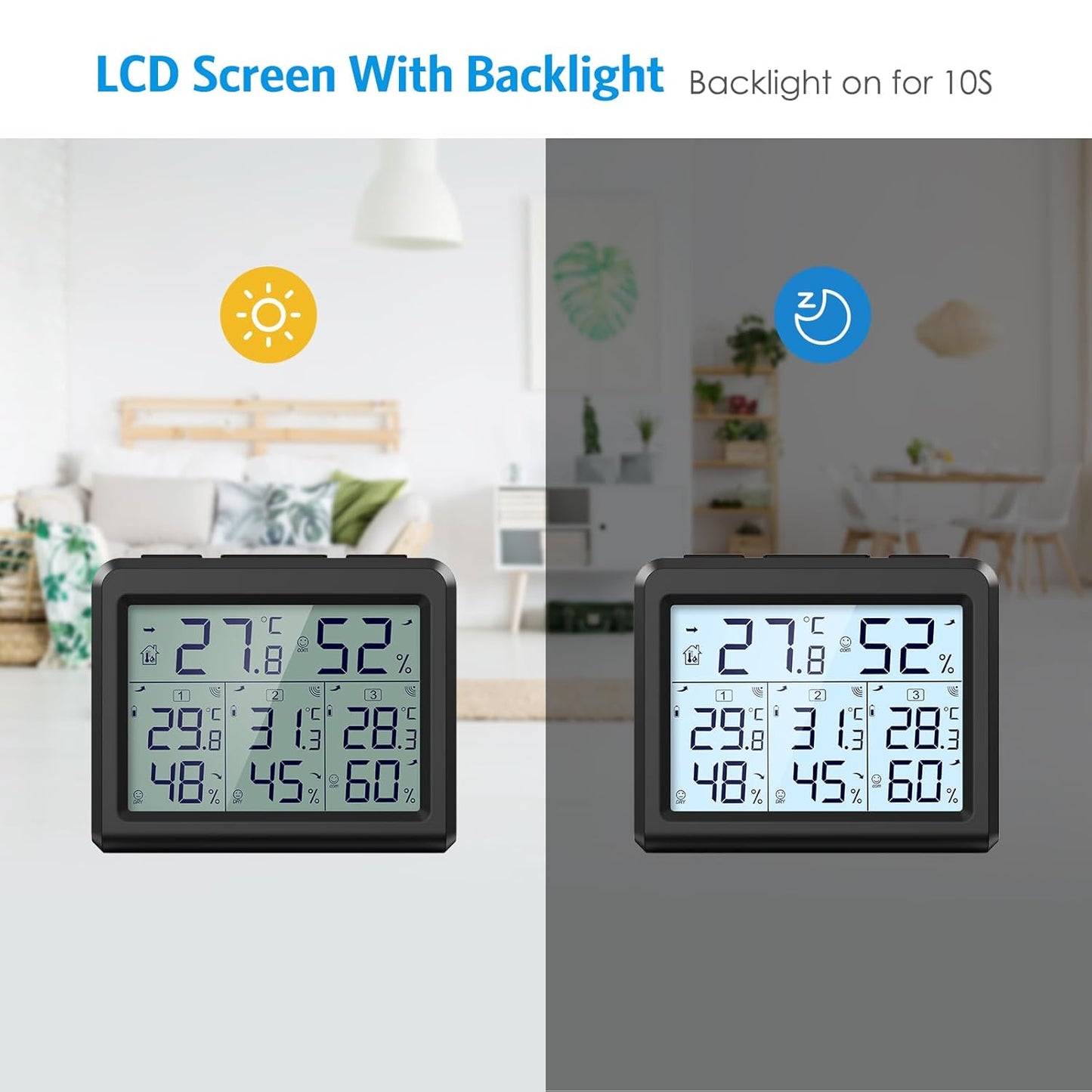 AMIR Indoor Outdoor Thermometer, 3 Channels Digital Hygrometer Thermometer with 3 Sensor, Temperature Humidity Monitor with LCD Display, Wireless Humidity Gauge for Home, Baby Room-Black