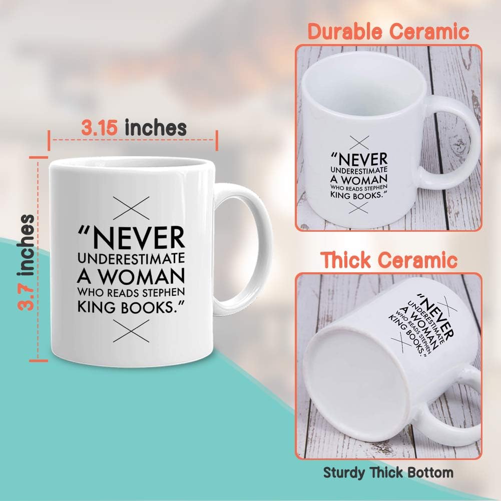 Readers Mug 11 oz White, Never Underestimate A Women Who Reads Stephen King Book Gift Idea for Horror Reader Book Lovers Bookworm