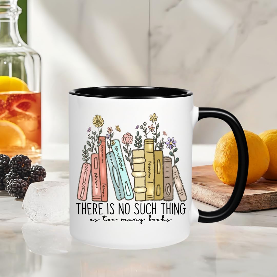Book Lovers Coffee Mug with Gift Keychain,There is No Such Thing As too Many Books Coffee Cup, 11 Oz Reader Water Mug for Reading Lovers Bookworm Books Lover Woman Gifts (Black)