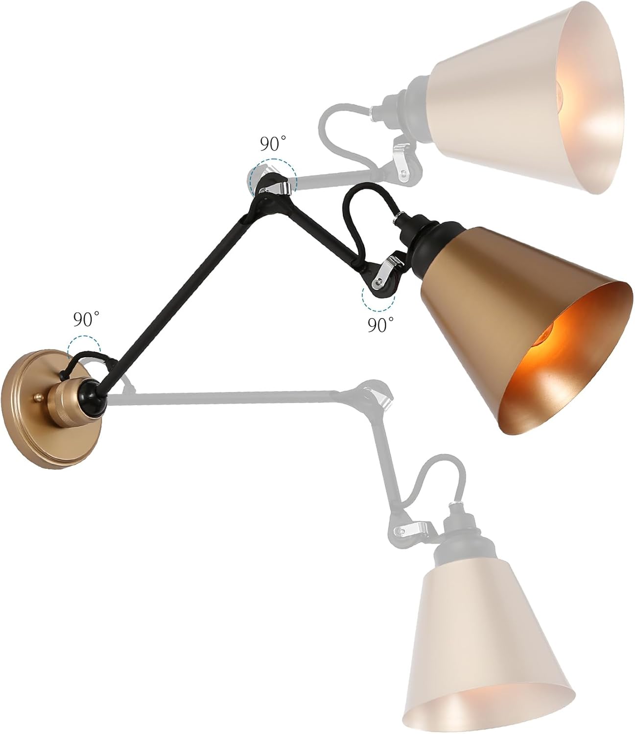LOG BARN Modern Gold Wall Sconce Set of 2, Adjustable Swing Arm Plug-in Wall Lamps with Black Accents for Bedroom, Living Room, Kitchen or Reading Nook