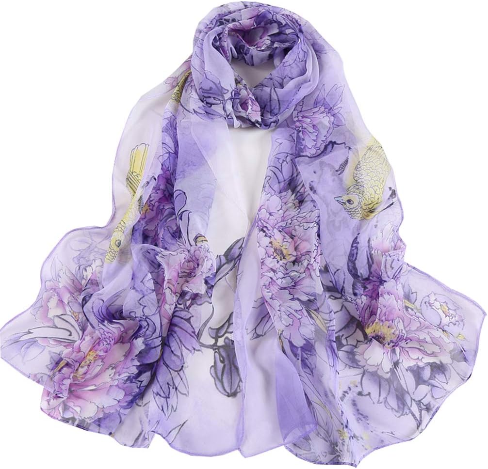 E-Clover Herebuy - Unique Women's Floral Scarves: Chiffon Flowers & Birds Printed Scarf