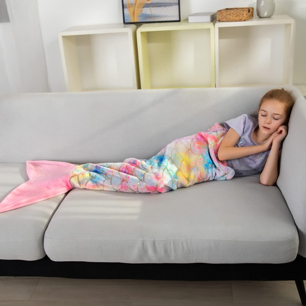 Mermaid Tail Blankets Glittering Wearable Cute Cozy Soft Flannel Rainbow Colorful for Girls Lover All Season On Sofa Bed