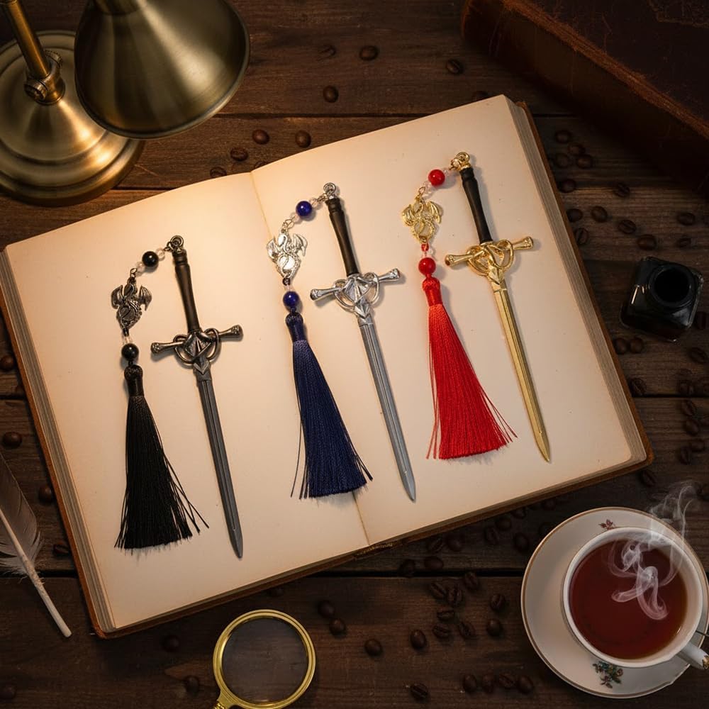 3PCS Dragon Sword Metal Bookmark 2.0, Cool Fourth Wing Bookmarks for Tassel, Book Lover Fantasy Reading Gifts for Women & Men (Dragon Sword)