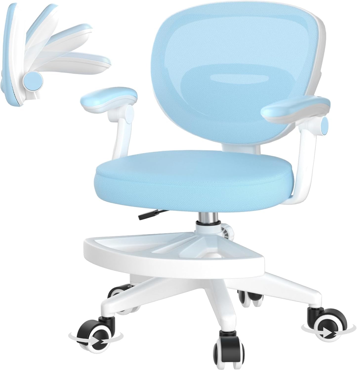 Adjustable Kids Desk Chair, Ergonomic Children Study Computer Chair with Footrest & Flip-up Armrest, Mesh Student Teen Task Chair with Wheels, Kids Office Chair for Boys Girls Age 4-12 Home (Blue)