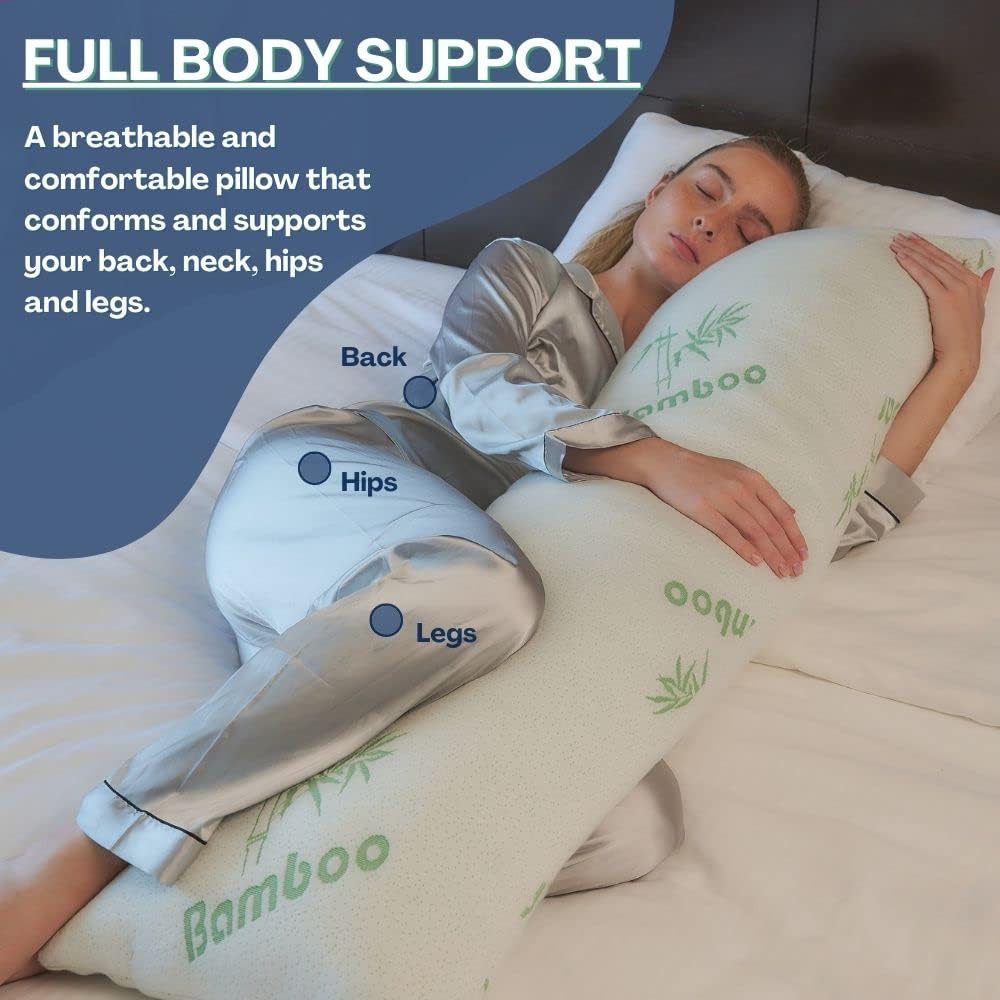 Body Pillow Bamboo Rayon - Side Sleeper, [Adjustable] Shredded Memory Foam Full Body Support Cooling Pillows, Ultra Soft Removable and Washable Hypoallergenic Cover with Zipper, Long Huggable Pillow