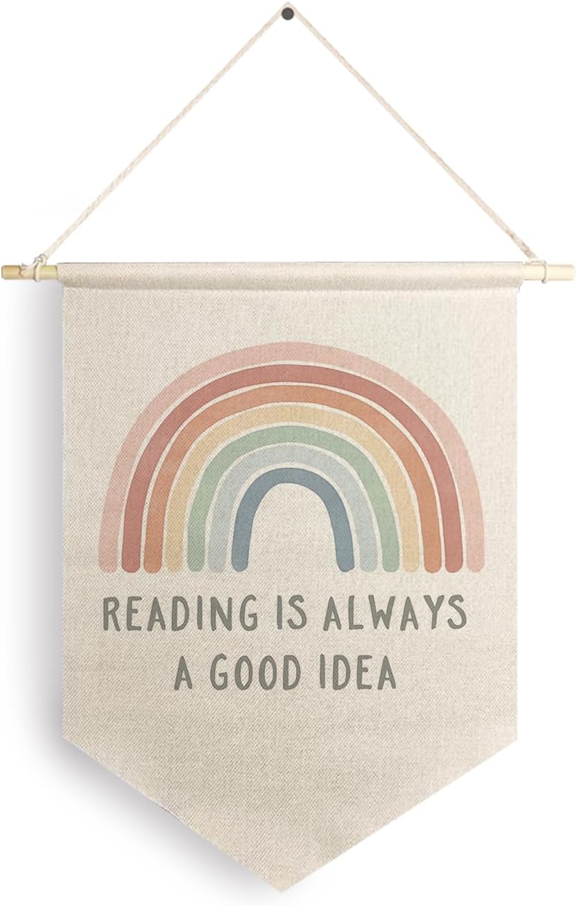 Qpenm Read Rainbow Hanging Wall Canvas Banner,Reading Read Corner Hanging Pennant Flag Prints,Classroom Wall Decor,Boho Classroom Nursery Decor poster&prints