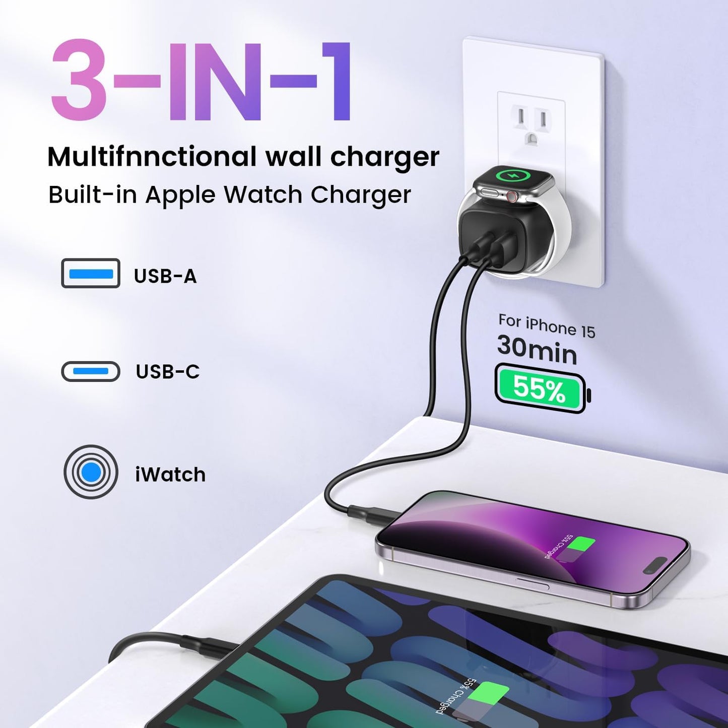 3-in-1 PD USB C Wall Charger Block, 20W Fast Charging Block, Charger for Apple Watch Series 11/10/9/8/7/6, for iWatch Ultra, Compatible with iPhone 16/16 Pro/iPhone 15, Black