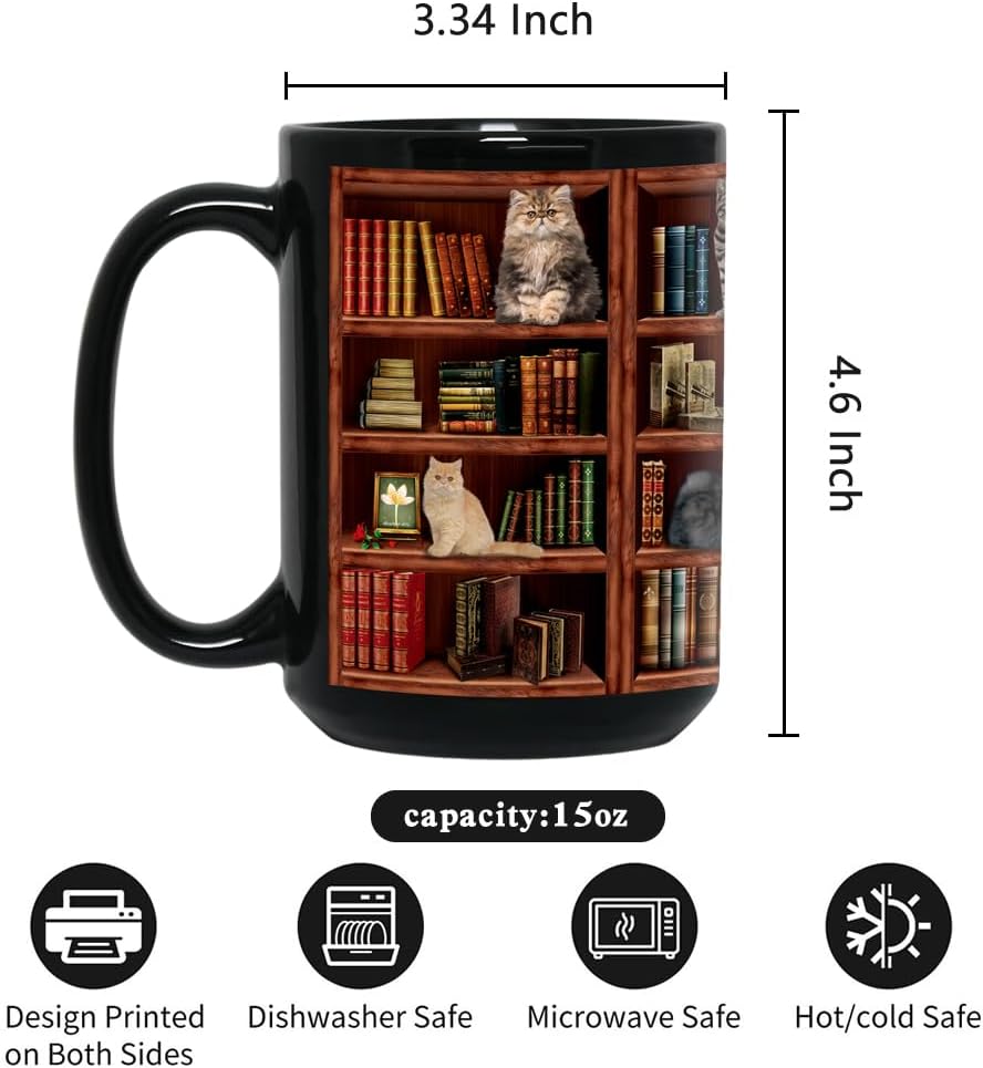 Cat Book Mugs - Coffee Mugs Lovers Gifts for Readers - Best Gift for Cat Lover - Reading Writer Women Tea Cups Library Bookshelf Mug 15oz - Black Chapter Book Mug(15oz-bookshelf)
