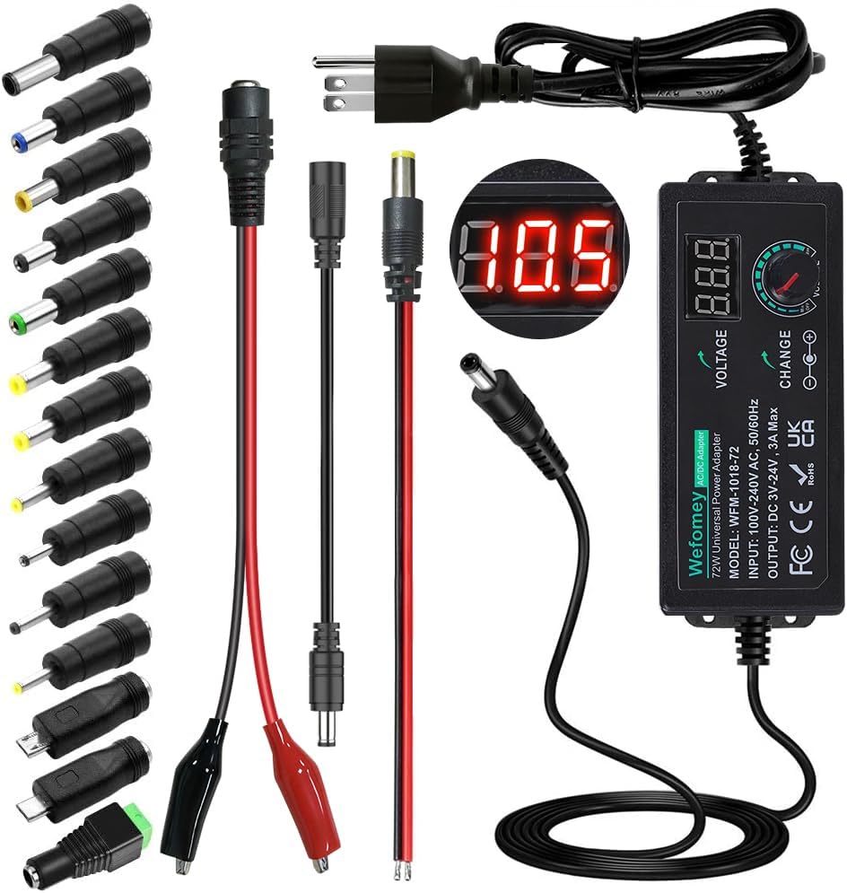 Universal Power Supply 3V~24V 3A 72W Adjustable Variable AC/DC Adapter Charger, 100V-240V AC to DC Converter with LED Voltage Display & 14 Tips & Polarity Converter & Test Lead