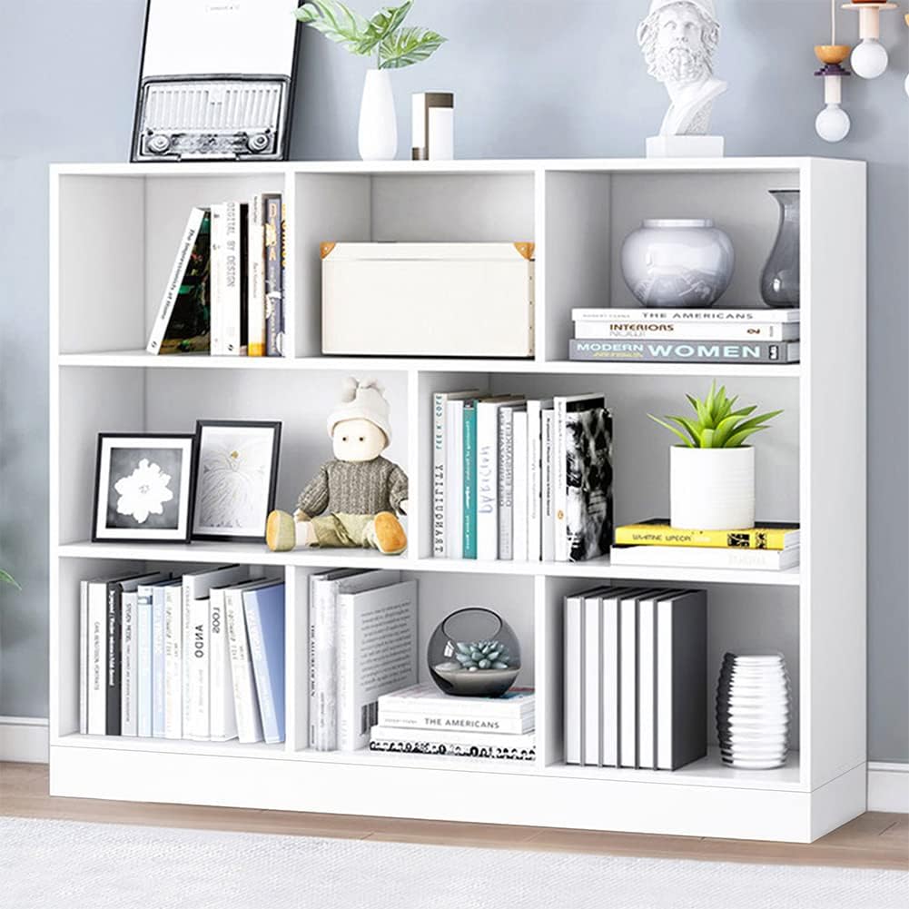 IOTXY Open Shelf Low Bookcase - Wooden 3-Tier Floor Standing Display Cabinet Organizer with Base, 8 Cubes Short Horizontal Bookshelf in Warm White