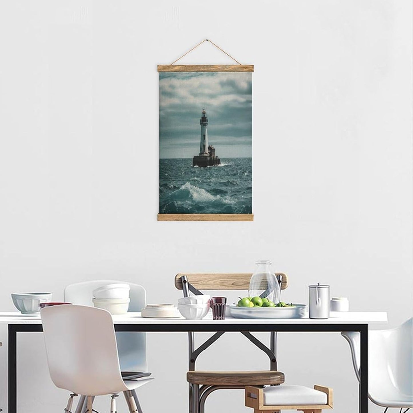 Vintage Lighthouse Ocean Poster with Wooden Frame Personalized Linen Hanging Scroll Painting Rustic Wall Hanging Illustrative Modern Artwork Decor for Home Living Room Bedroom Office