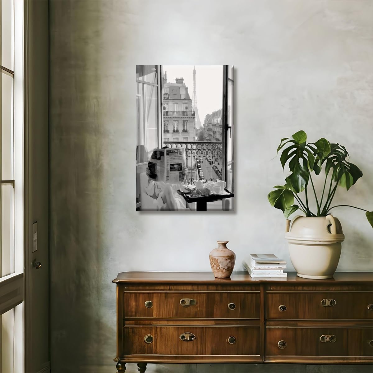 Parisian Vintage Girl Reading Newspaper Poster Black and White Fashion Wall Art Canvas Prints Painting Posters For Aesthetic Kitchen Home Bedroom Dorm Apartment Wall-8x12inch Unframed