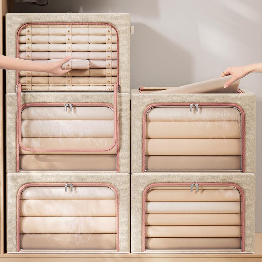 Waterproof Storage Bins Stackable Foldable Steel Frame storage Boxes with Reinforced Handle Thick Fabric for Comforters Iron bracket Blankets Bedding Foldable with Sturdy Zipper Clear Window Pack Of 2