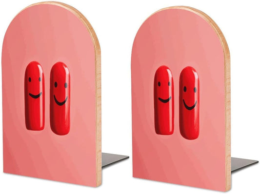 Red Smile Wooden Bookend Non-Slip Book Ends Heavy Duty Book Stopper with Metal Base Books Holderd Decorative Bookends Stands Firmly for Office Supplies
