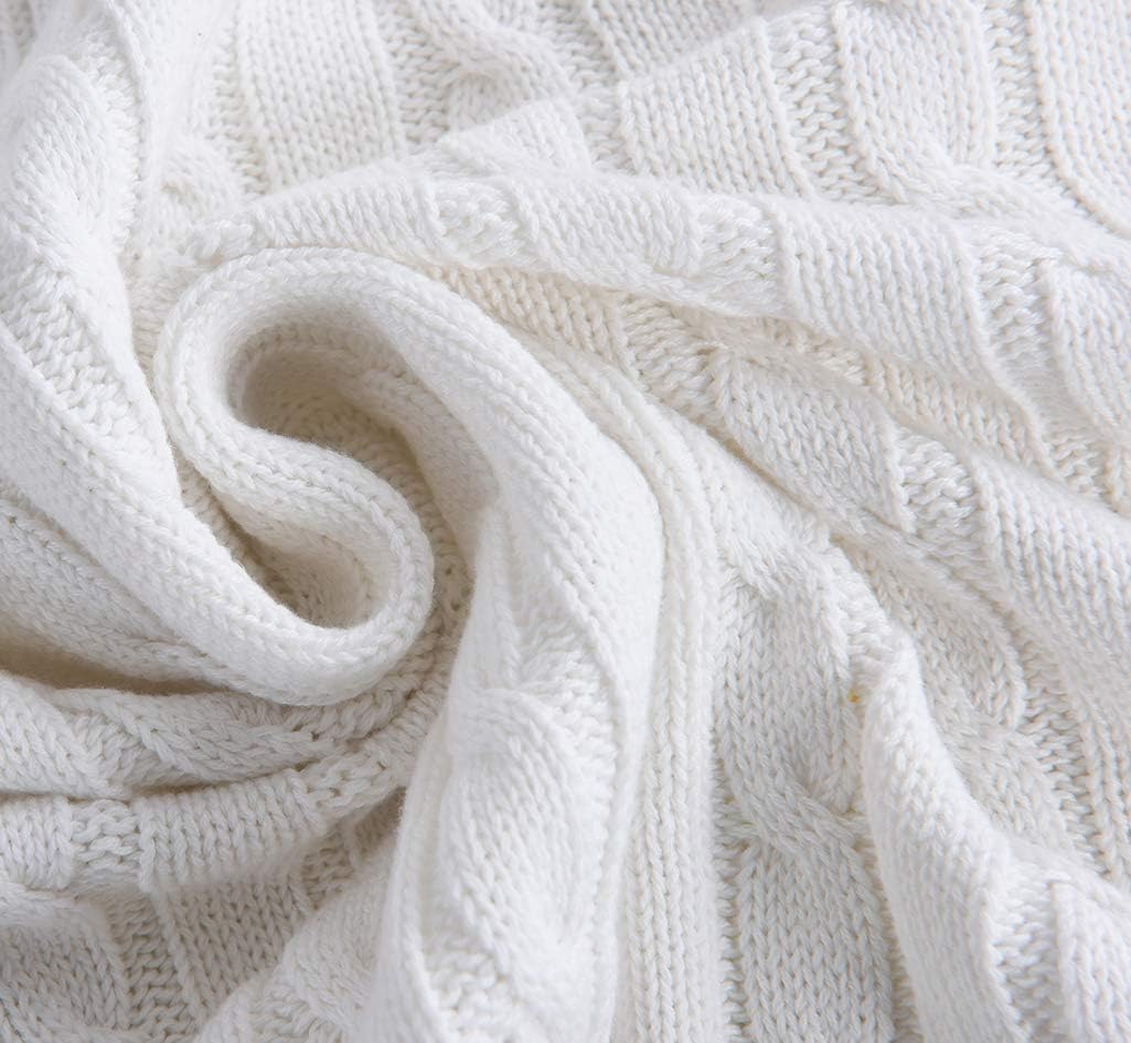 Cotton Cable Knit White Throw Blanket, Super Soft Warm Knitted Throw Blanket for Couch, Sofa, Chair, Bed - Extra Cozy, Machine Washable Comfortable Home Decor