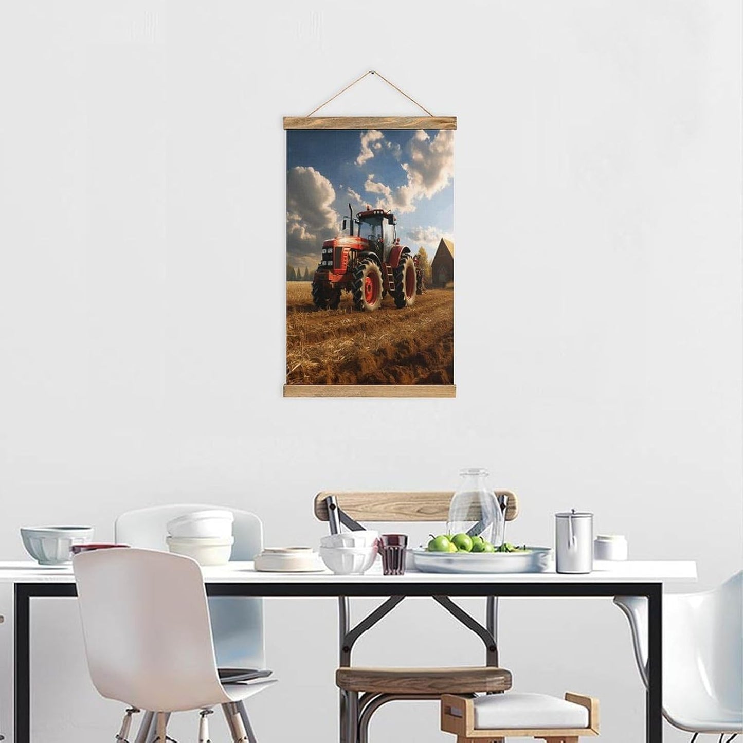 Vintage Fantasy Farm Tractor Poster with Wooden Frame Personalized Linen Hanging Scroll Painting Rustic Wall Hanging Illustrative Modern Artwork Decor for Home Living Room Bedroom Office