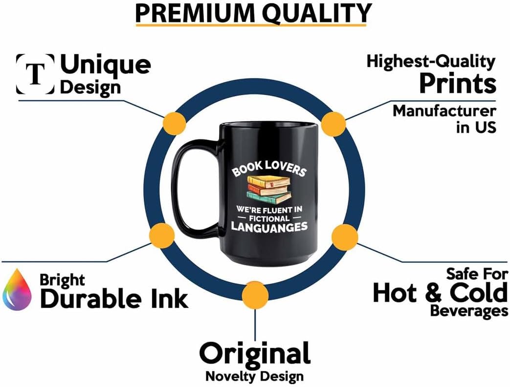 Book Lover Coffee Mug 15oz Black - fluent in fictional - Gift For Poets Bookish People Bibliophile Librarian Book Club Reader