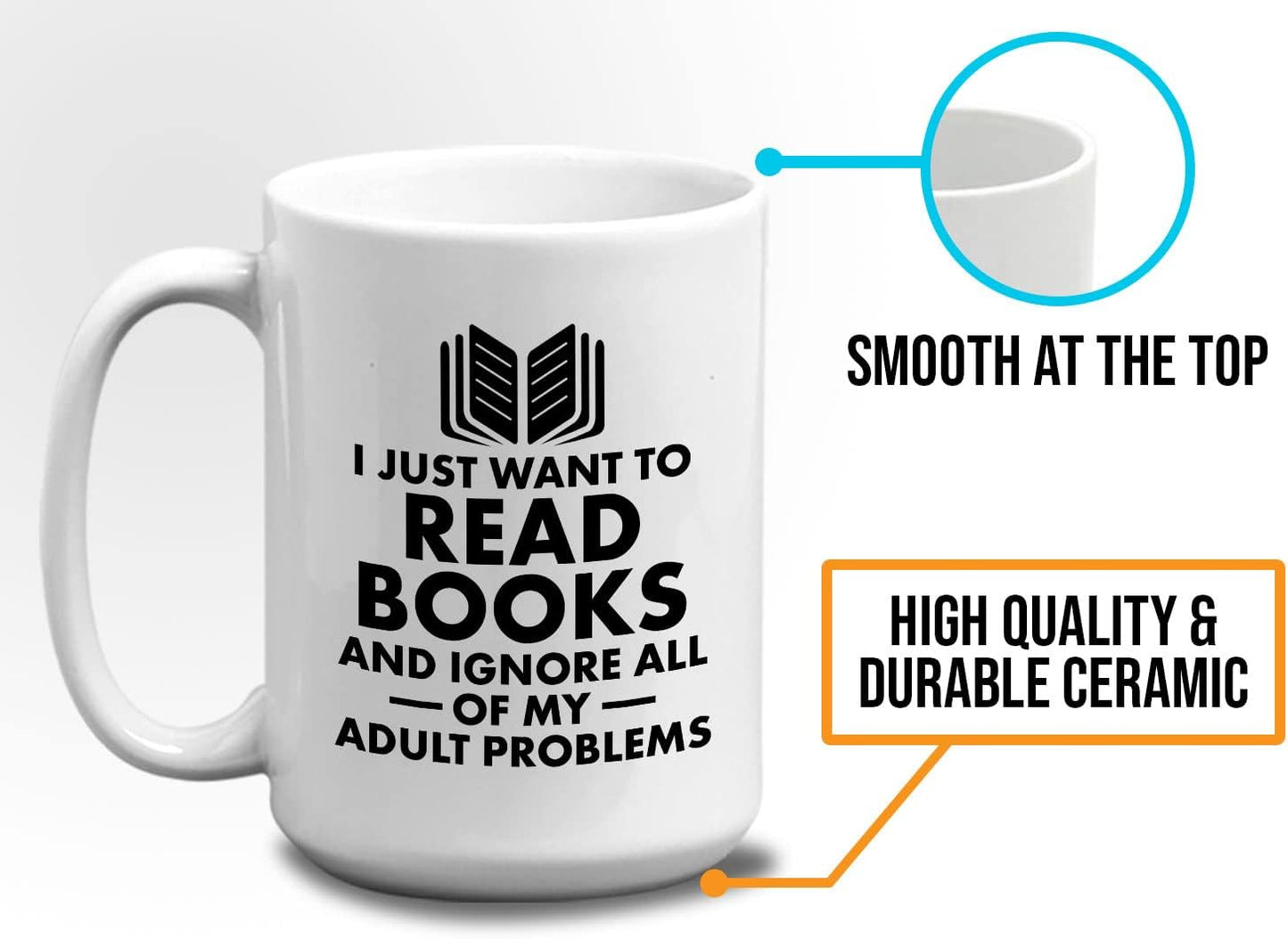 Book Lover Coffee Mug 15oz White - I just want - Literary librarian Literature Bookworm Historian Public Library Curator Bibliophile Bibliolater