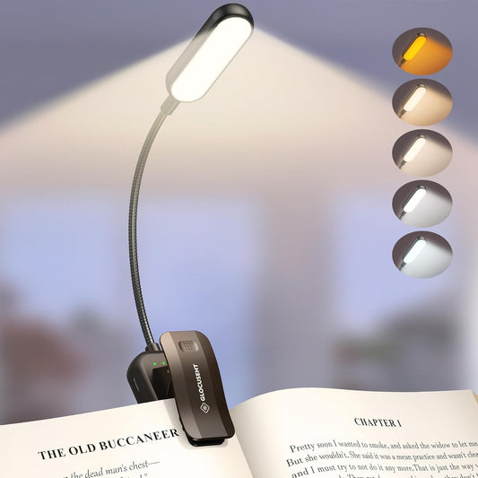 Glocusent 20 LED Reading Lights for Books in Bed, Eye Caring Reading Light, 5 Colors & 5 Brightness 3–100LM Dimmable, 1200mAh Rechargeable Book Light to 90H, Lightweight Clip on Light for Book Lovers