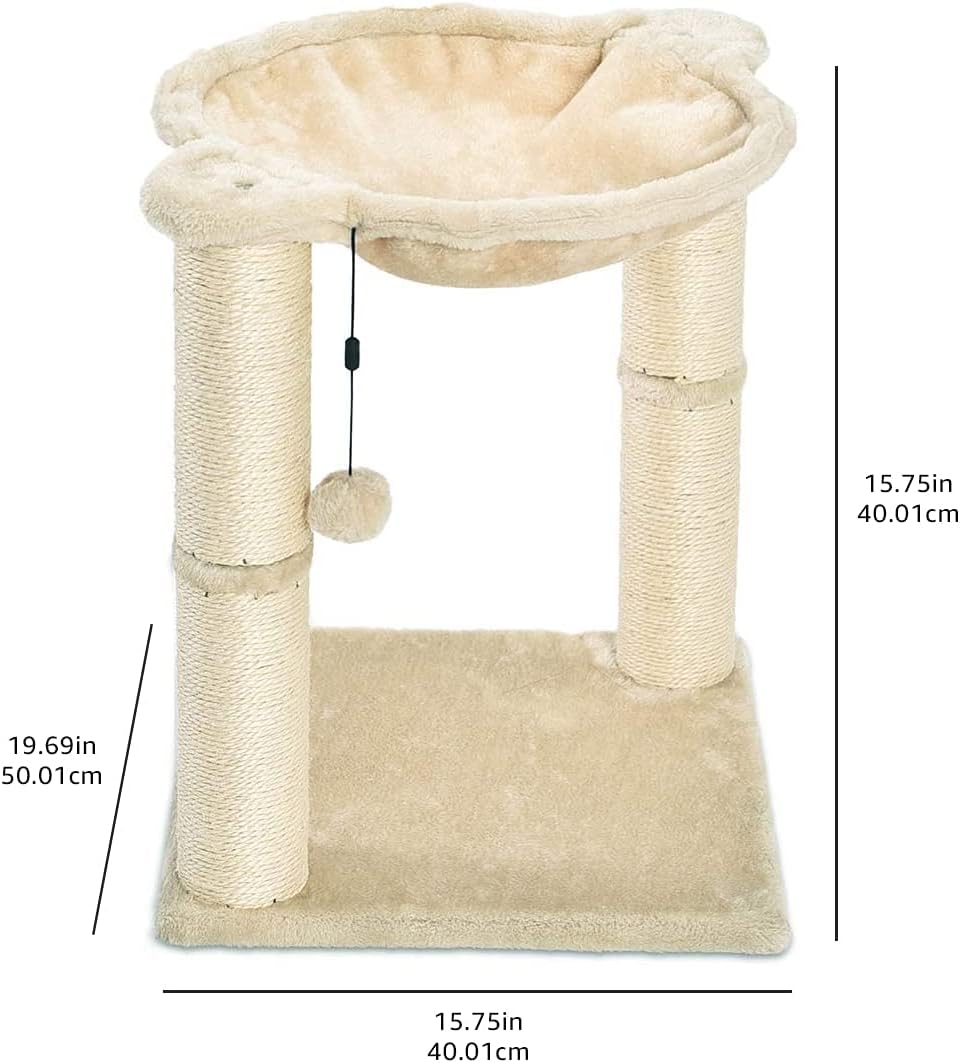 Amazon Basics Cat Tower with Hammock Bed and Scratching Post for Indoor Cats, Easy to Assemble, Interactive Hanging Ball, 15.8" x 15.8" x 19.7", Beige