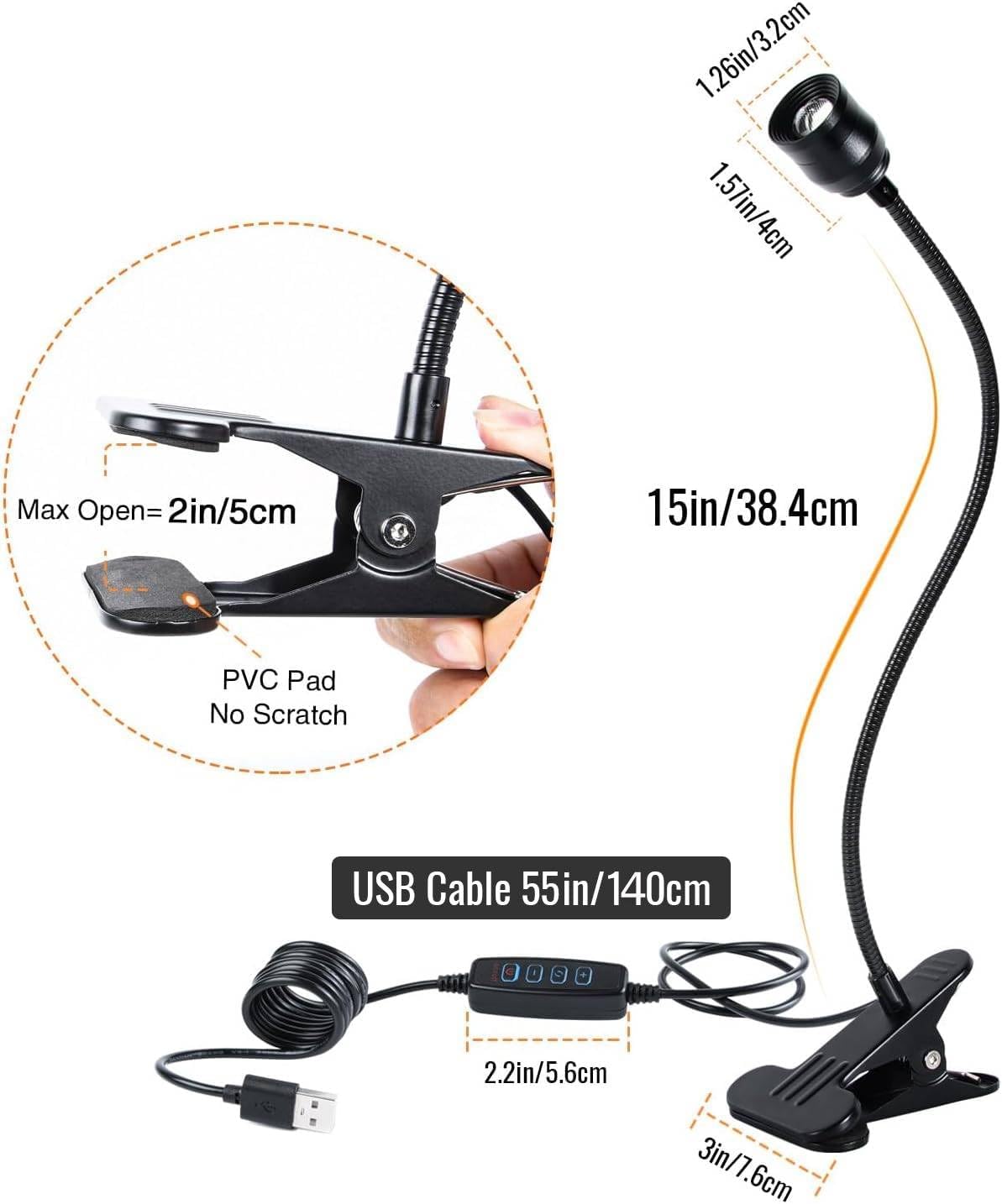 Zoomable Clip on Lamp, USB LED Clamp Reading Light for Dorm Bed Headboard, Dimmable Spotlight with 3 Color Temperature Options, 10 Brightness Levels for Working, Studying, Sewing