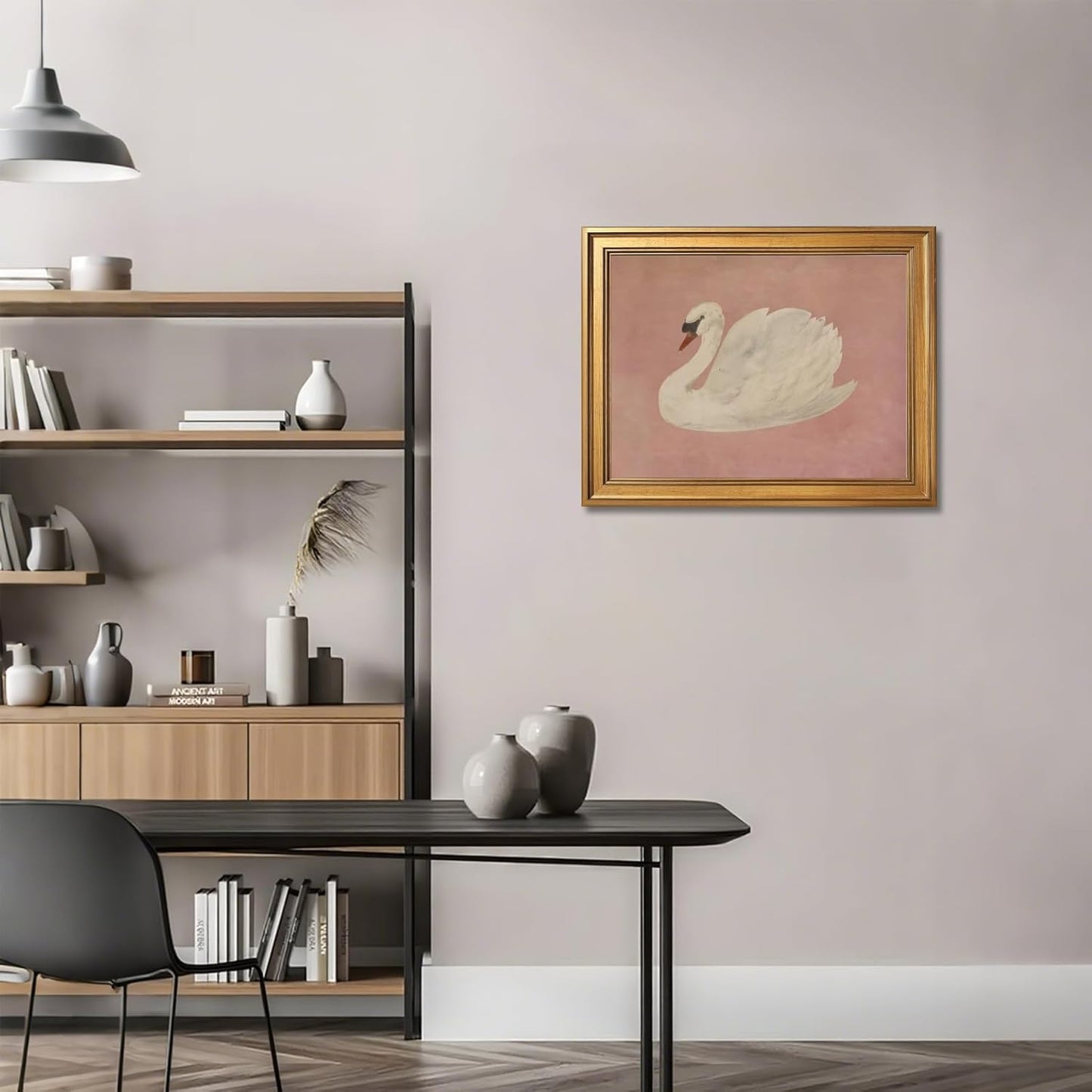 HUYKON Large Framed Wall Art Vintage White Swan Canvas Print Neutral Nature Wildlife Poster Elegant Rustic Farmhouse Animal Bird Painting Pink Wall Decor for Bedroom Living Room 24X36inch Golden Frame
