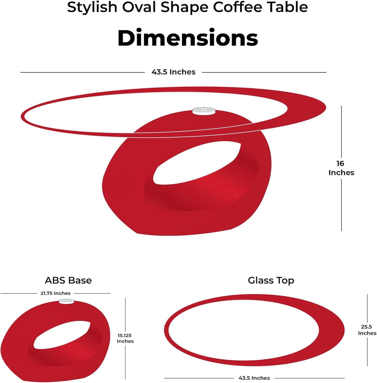 Fab Glass and Mirror Stylish Oval Shape Coffee Table, Red