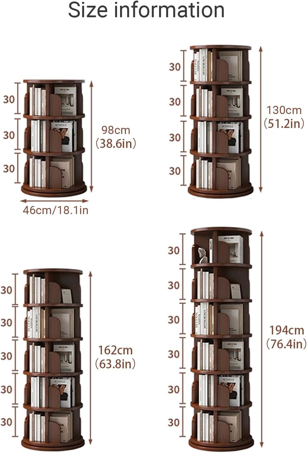 Wooden Adjustable Vertical Spine Rotating Book Tower Floor 360 ° Rotatable Etagere Bookcase with Solid Wood Frame for Living Room, Kitchen, Home Office(White,3-Layer)