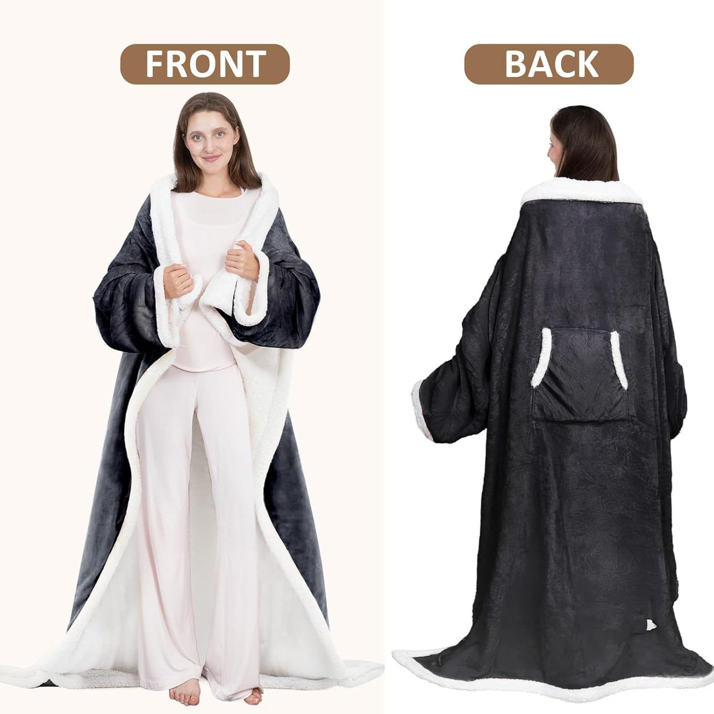 HOW'S MY HOUSE Wearable Heated Blanket with Sleeves and Foot Pocket, 52"x72" Electric Blanket for 6 Heat Settings, 12-Hour Timer, Flannel & Sherpa, Charcoal