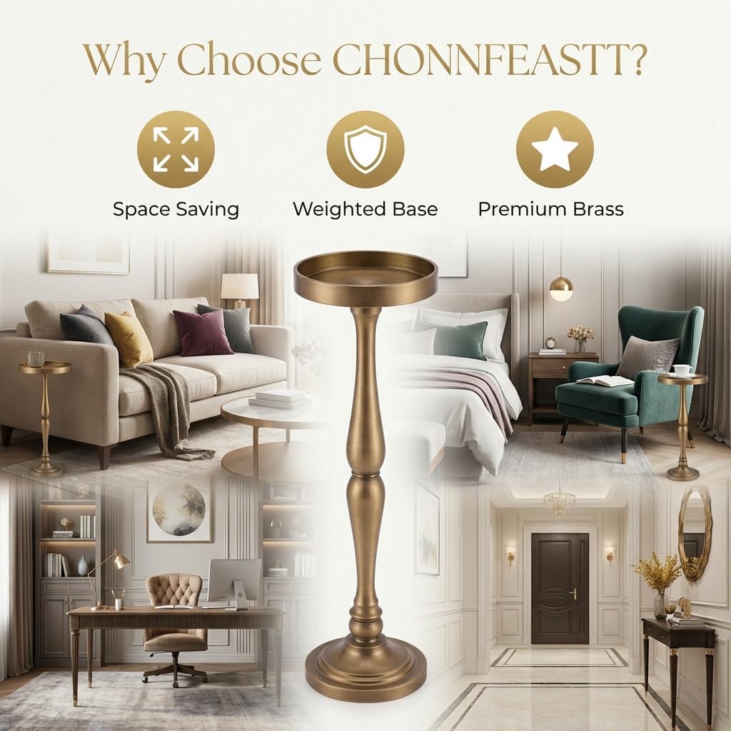CHONNFEASTT® Tall Metal Drink Table, 26" Pedestal Accent Side Table with 5.7" Round Tray Top, Slim Brass End Table for Sofa Side, Cocktail, Martini, Plant Stand, Small Space Living Room Decor