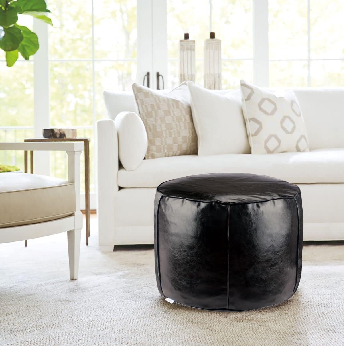 Handmade Unstuffed Faux Leather Pouf Ottoman - Storage Solution and Floor Seat - 14"x20" Round Stool - Perfect as a Futon Chair, footrest Ottoman, cushionl Ottoman, or Leather Foot Stool(Black)