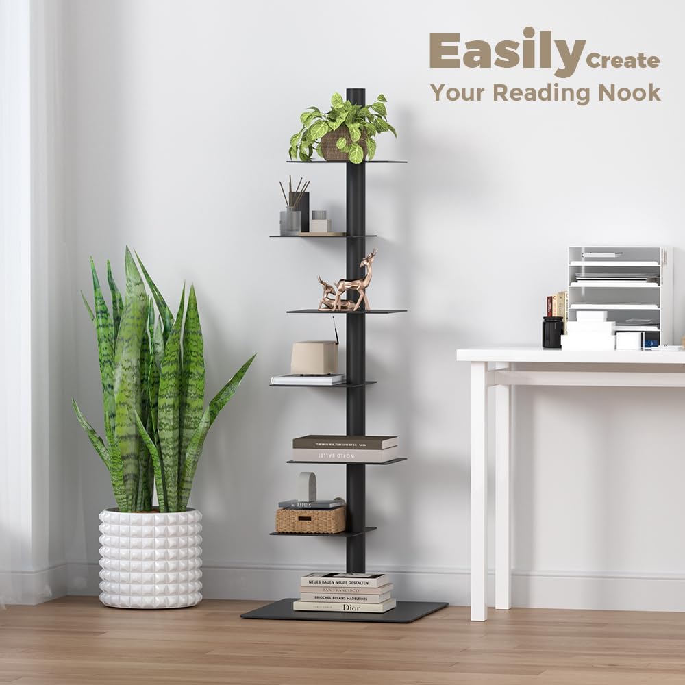 Nidouillet 6 Tier Tall Narrow Metal Bookshelf, Vertical Tower Bookcase with Adjustable Shelves, Space Saving Corner Book Shelf Storage Display Rack, Tool Free Assembly