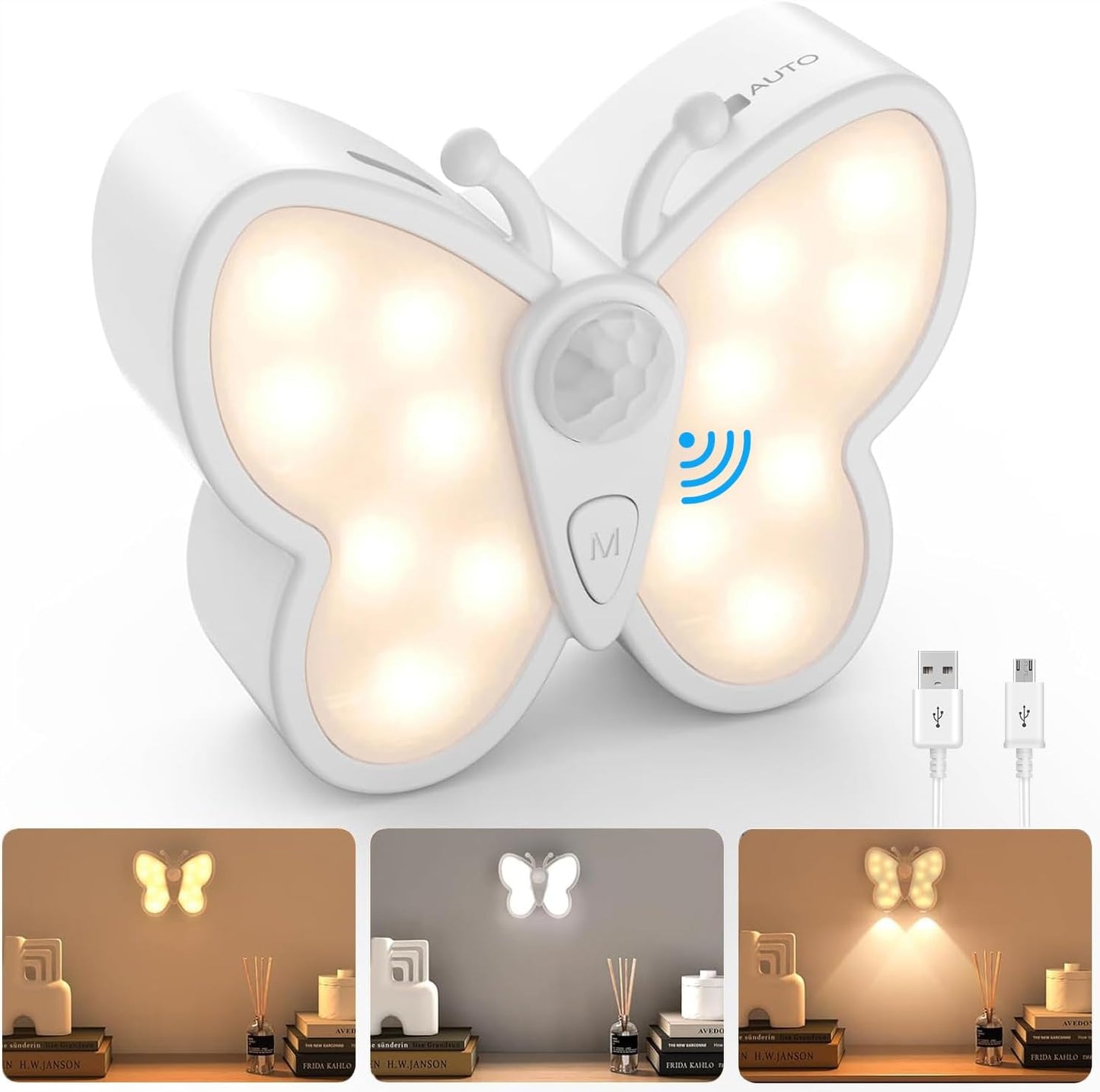 Dimmable Butterfly LED Night Light for Kids Bright Motion Sensor Night Light Lamp with Spotlight Magnetic Rechargeable Nightlight Rechargeable Nightlight for Kid Room, Bedroom, Hallway, Stairs