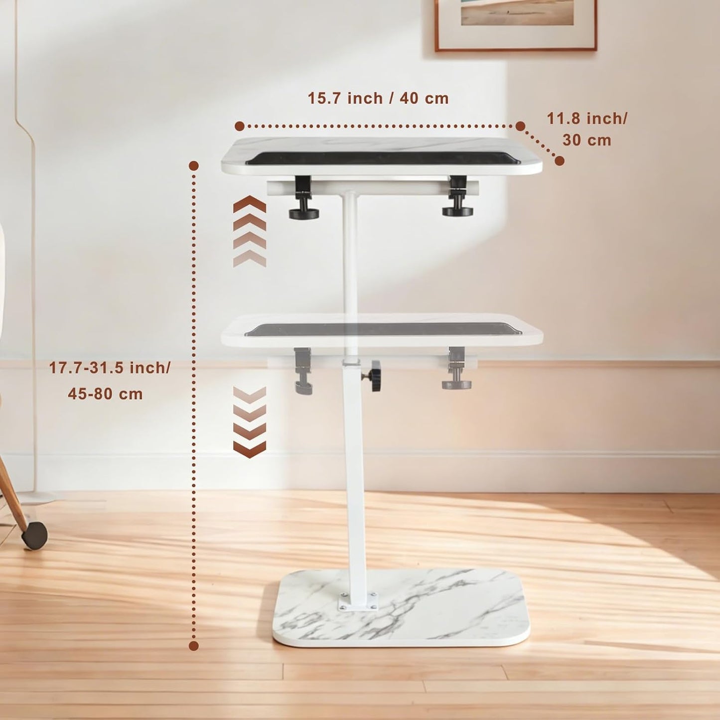 ShellKingdom Sofa Armrest Tray Table, C Shaped End Table for Small Spaces, Adjustable Height Small Side Table for Living Room, Bedroom, Home, Office (White Marble)