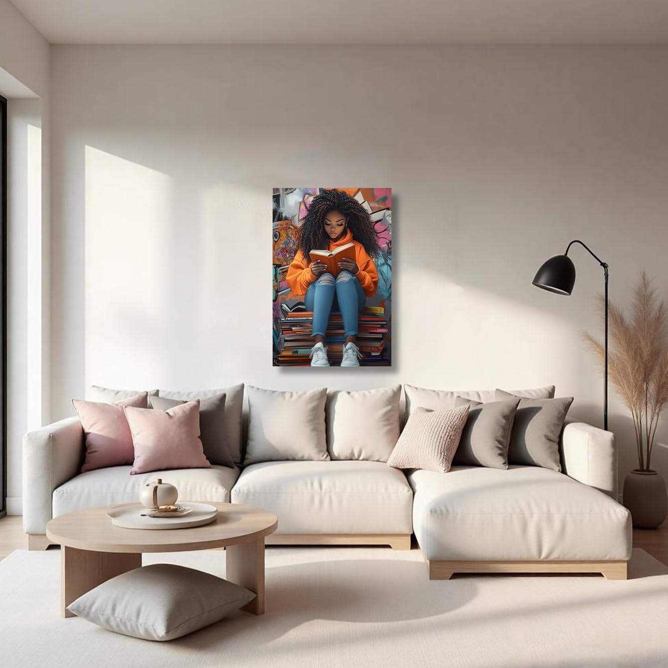 ZSHARTSWD Black Girl Reading Book Wall Art African American Canvas Print Black Woman Picture Inspiring Book Lover Painting for Teen Girls Bedroom Decor Framed (Orange, 18L x 12W)
