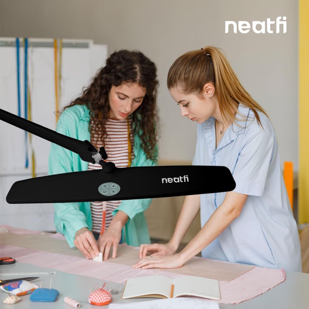 Neatfi Elite HD XL Task Lamp | 22-Inch Wide | 2,260 Lumens | 3 Color Temperature Modes | Non-Polar Dimming Desk Lamp (CCT with Clamp, Black)