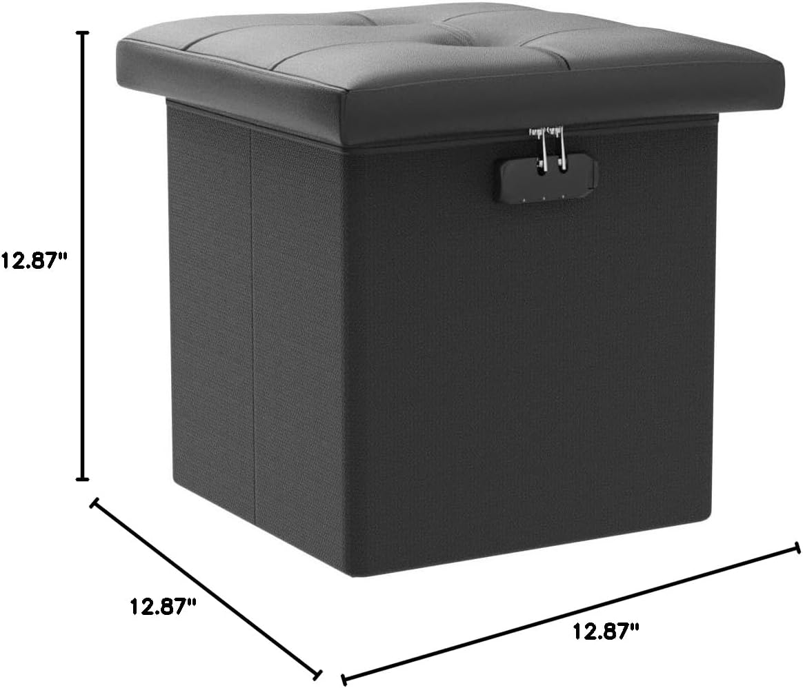 Tamfile Small Ottoman with Storage, 13 x 13 x 13 inch Fireproof Safe Folding Ottoman with Lock for Important Documents, Waterproof Foot Rest Stool with Storage, Ottoman Foot Rest with Handle, Black
