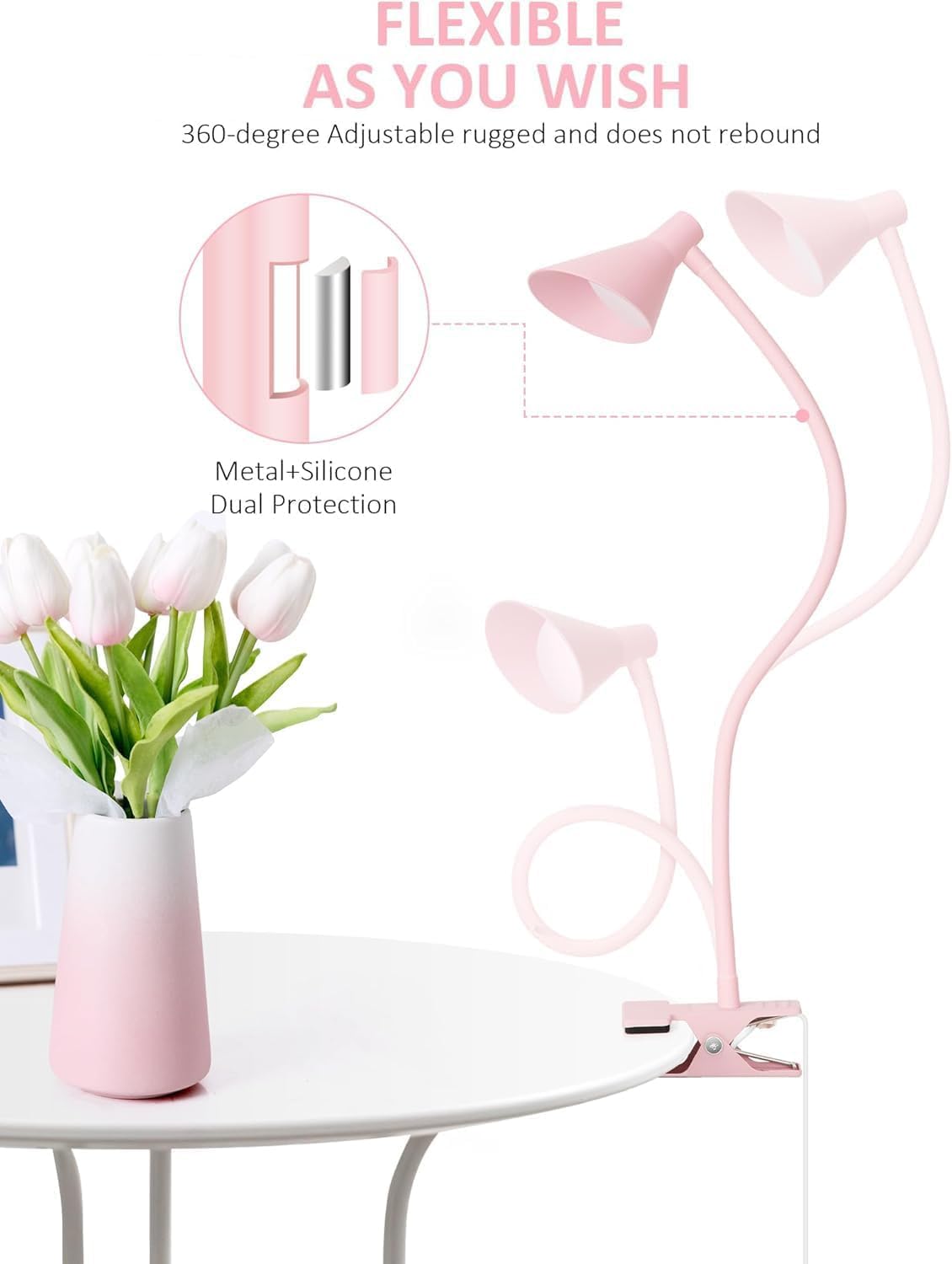 Clip on Light, Eye Care Reading Lights for Books in Bed 3 Color Modes & 10 Brightness Clip on Lamp Reading Book in Bed with Auto Timer, Reading Light for Bed Headboard Desk Bedside Dorm - Pink