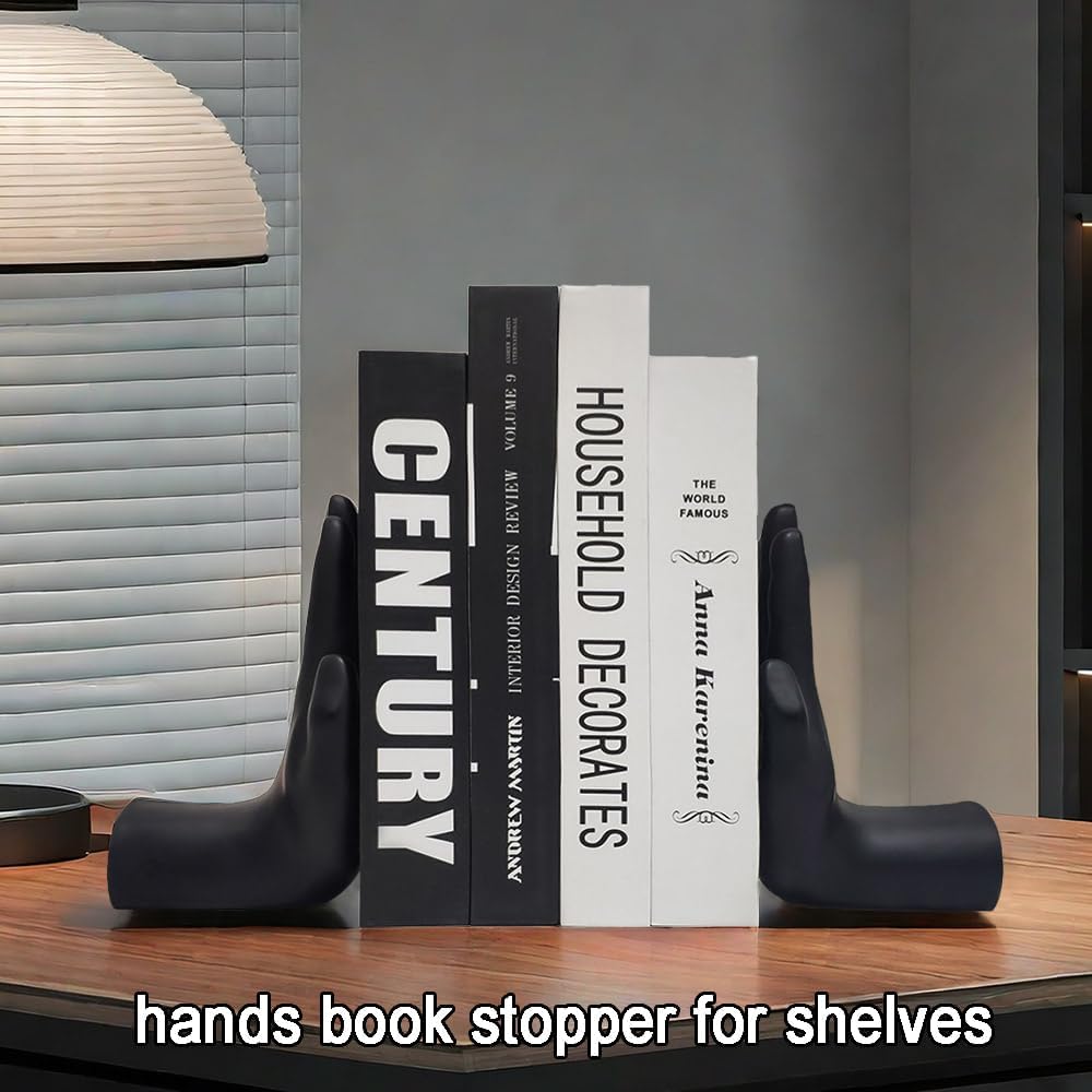 Decorative Bookends Praying Hands Book Ends for Shelves, Black Modern Bookend Heavy Duty Book Ends Stopper Holders for Shelves Office Home Living Room, Resin, 8.5" x 6.8"
