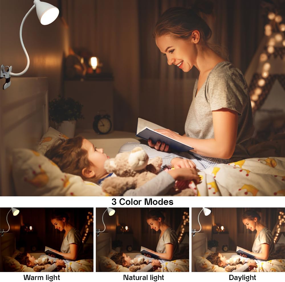 Clip on Lamp Reading Lights,3 Color Modes 10 Brightness Dimmer with Auto Off Timer Eye-Caring 360° Flexible LED Desk Lamp Gooseneck Clip for offic Bed Desk Headboard Dorm ,AC Adapter Include,White