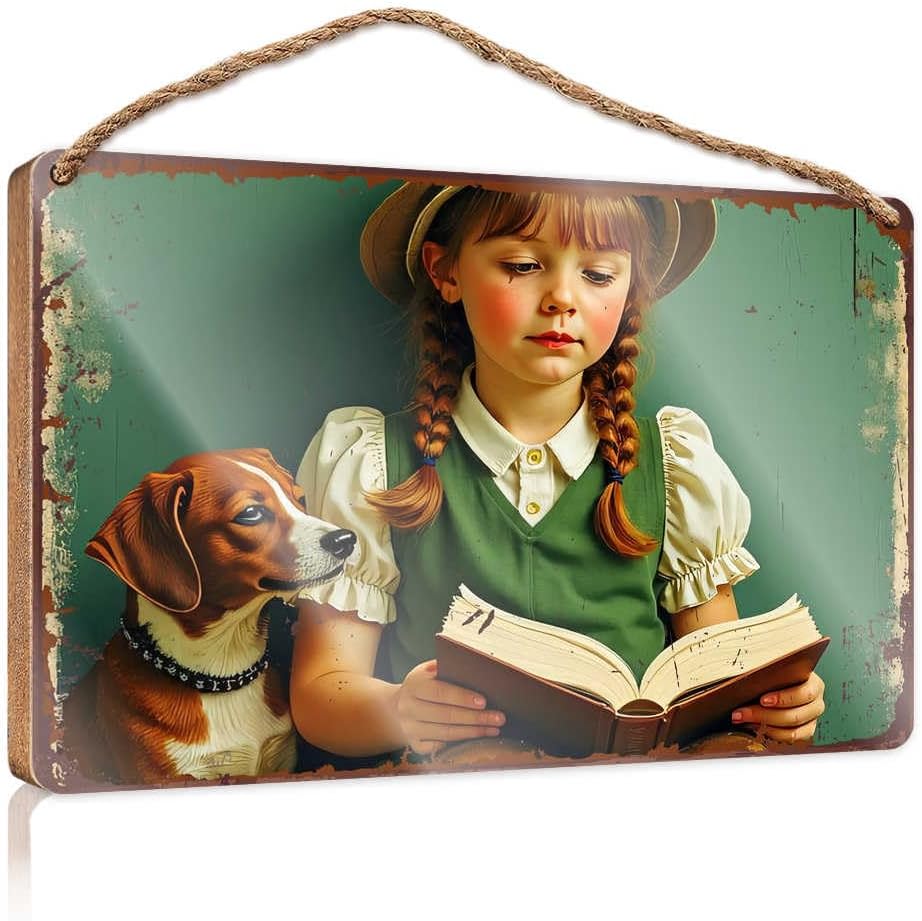 YFOK Spring Porch Sign Vintage-Inspired Girl With Dog Reading Book Wooded Sign Spring Door Decorations Front Porch Decor Ideas(23X35CM)
