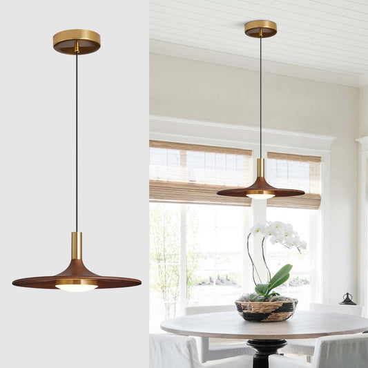 Dimmable Pendant Light, Wood Grain Finish LED Pendant Light Fixture, Modern Metal Dining Pendant Lights for Hotel Bar Kitchen Island Entryway